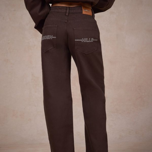 Donkerbruine jeans met logostiksels heren streetwear