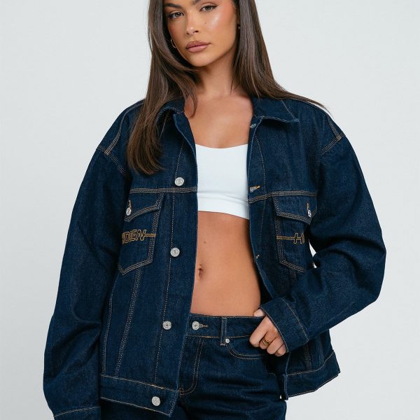 Denim jack indigo met logo stiksels streetwear jas