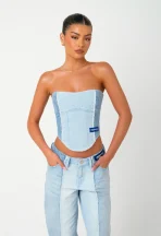 Herwerkt Denim Korset – trendy denim top voor dames